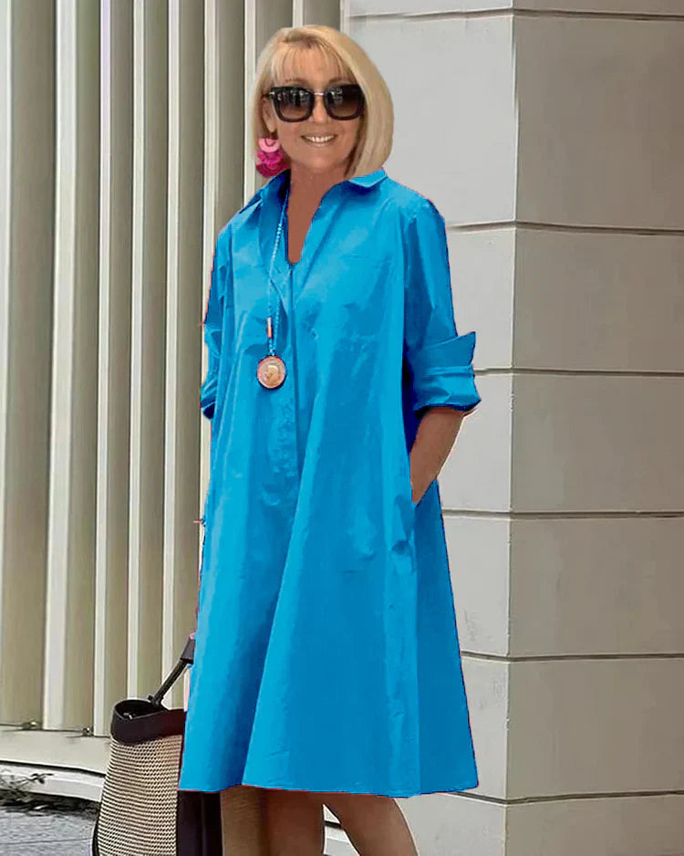 TS | Spring/Summer New Fashion Type Temperamental Shirt Collar Long Sleeve Pocket Half Length Dress