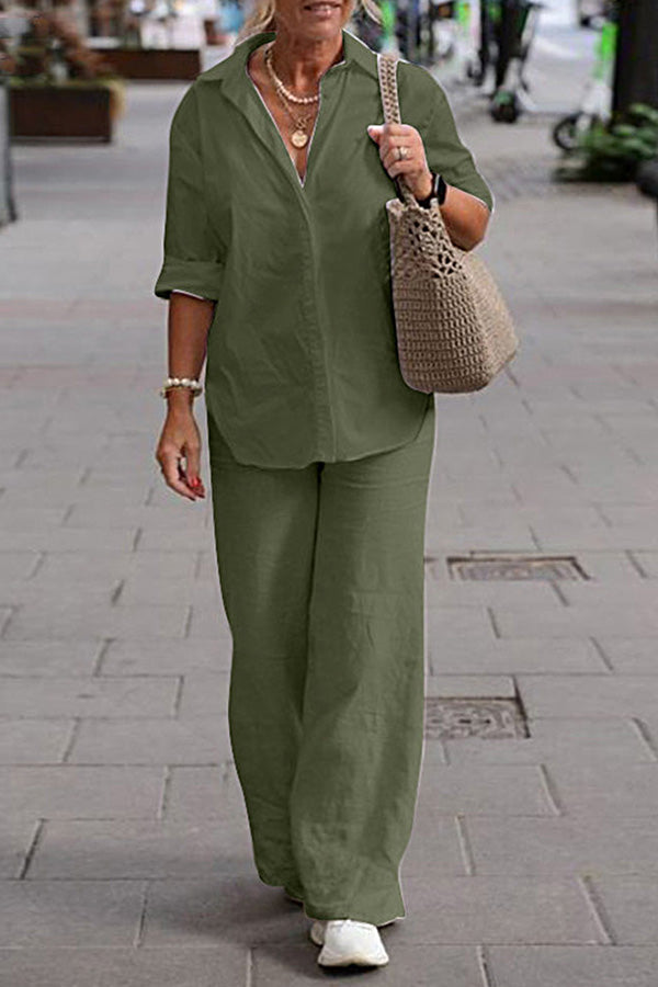 LD tweedelige set kapel lange mouwen shirt casual effen broek met wijde pijpen pak