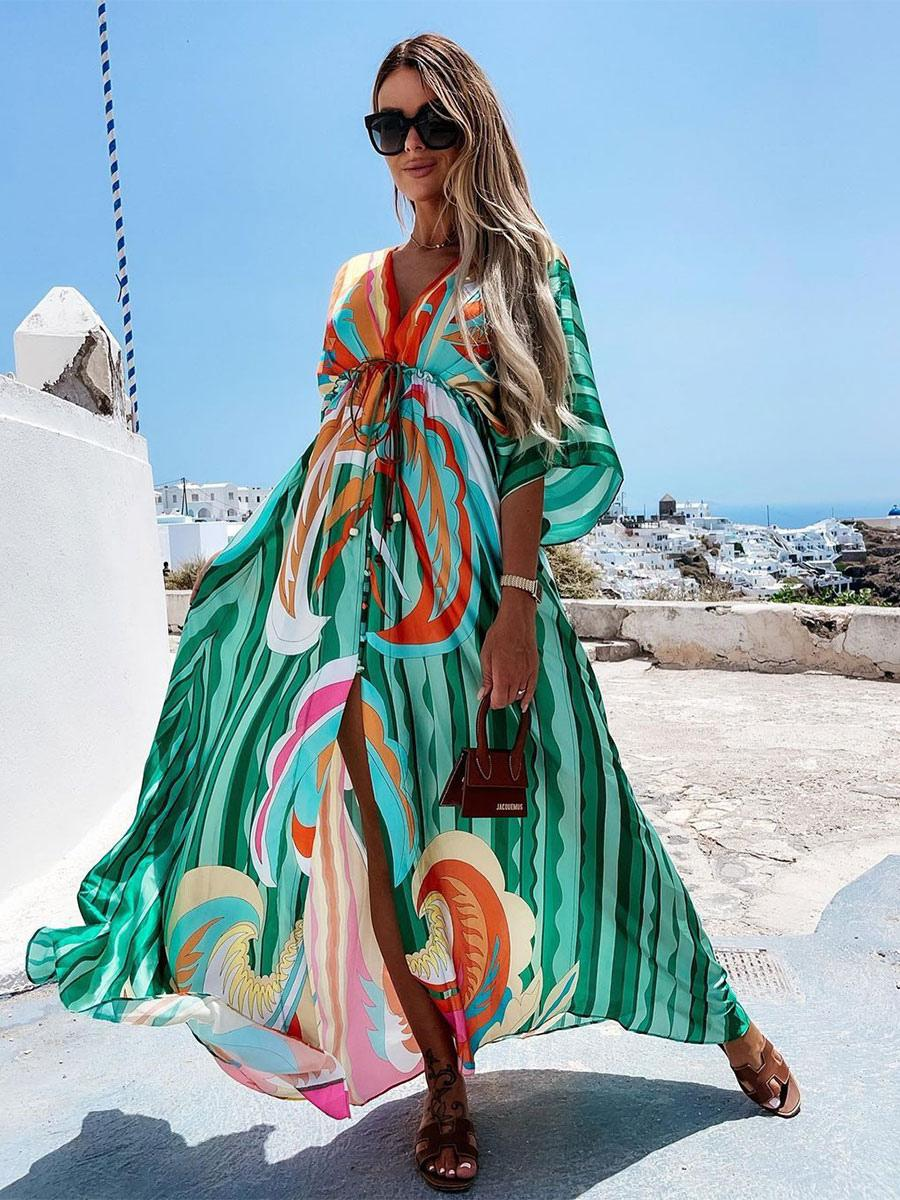 TS | Boho beach dress with sweetheart neckline, batwing sleeves, long cut and print