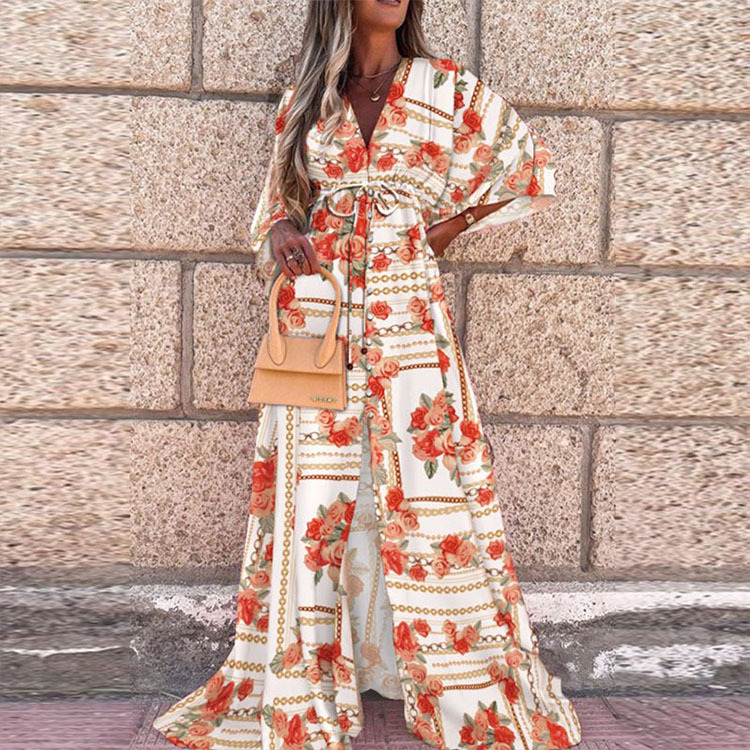 TS | Boho beach dress with sweetheart neckline, batwing sleeves, long cut and print