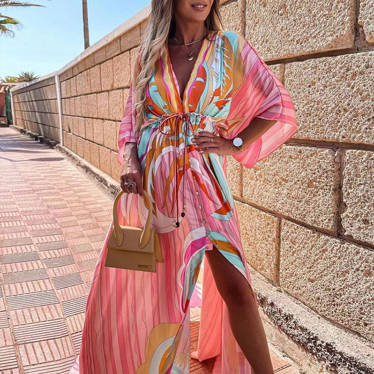 TS | Boho beach dress with sweetheart neckline, batwing sleeves, long cut and print