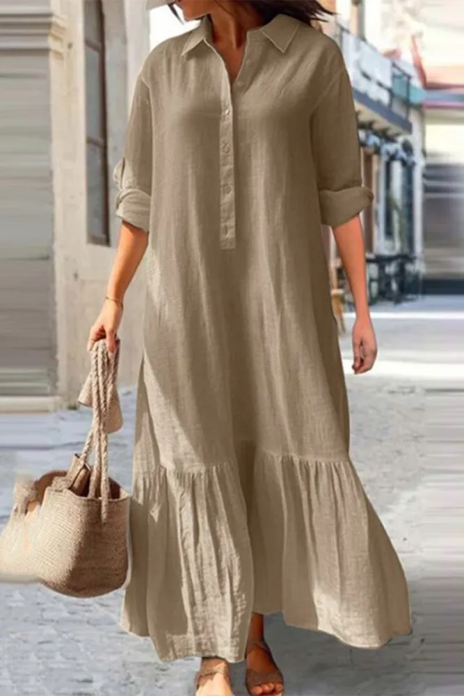 TS | Casual vintage solid button flounce turn-down collar shirt dresses
