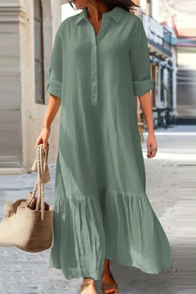 TS | Casual vintage solid button flounce turn-down collar shirt dresses