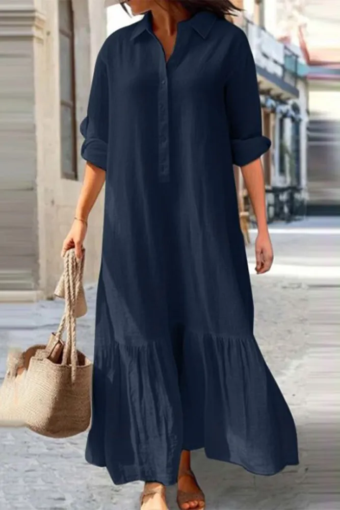 TS | Casual vintage solid button flounce turn-down collar shirt dresses