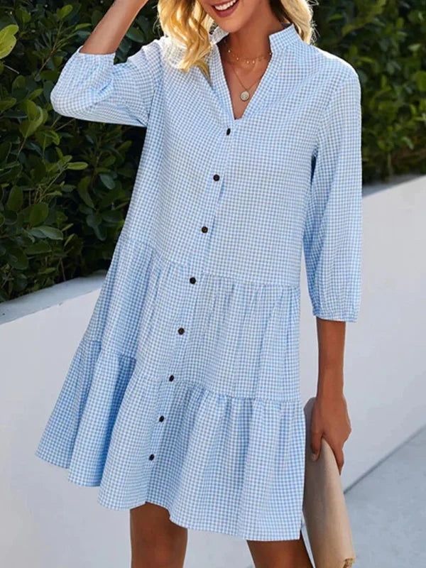 TS | Loose-fitting shirt dress in A-line, checked, with split neckline, halterneck and button fastening