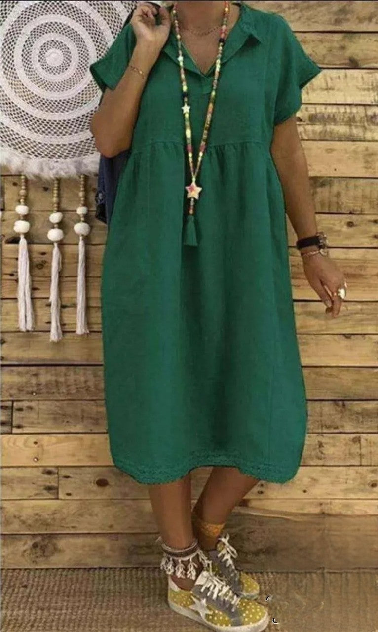 TS | Short-sleeved midi dress in cotton and linen, plus sizes for women