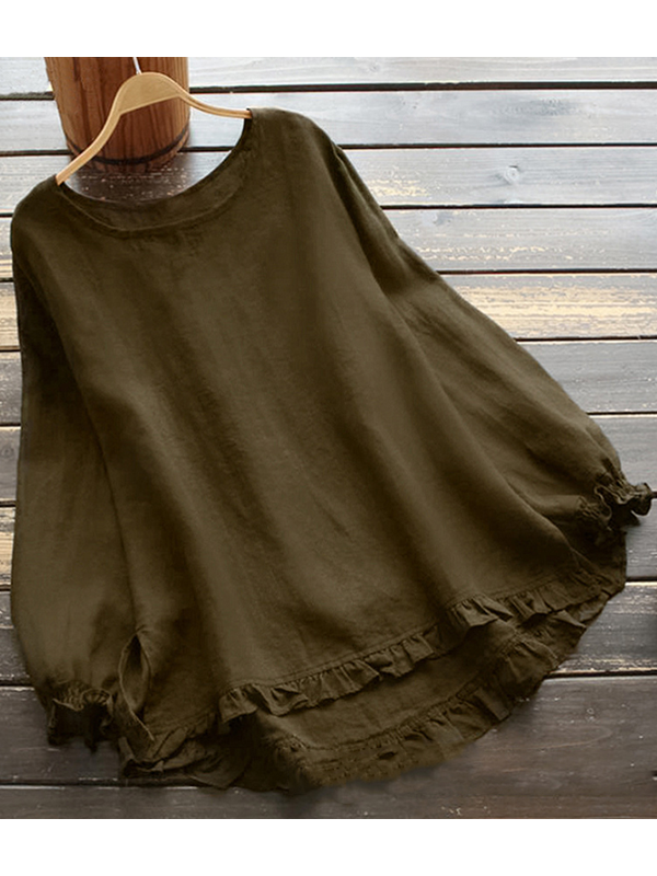 TS | O-Neck Solid Long Sleeve Ruffle Linen Tops