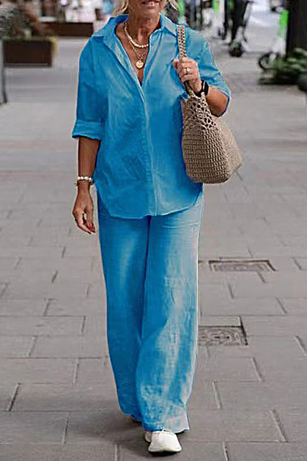 LD tweedelige set kapel lange mouwen shirt casual effen broek met wijde pijpen pak