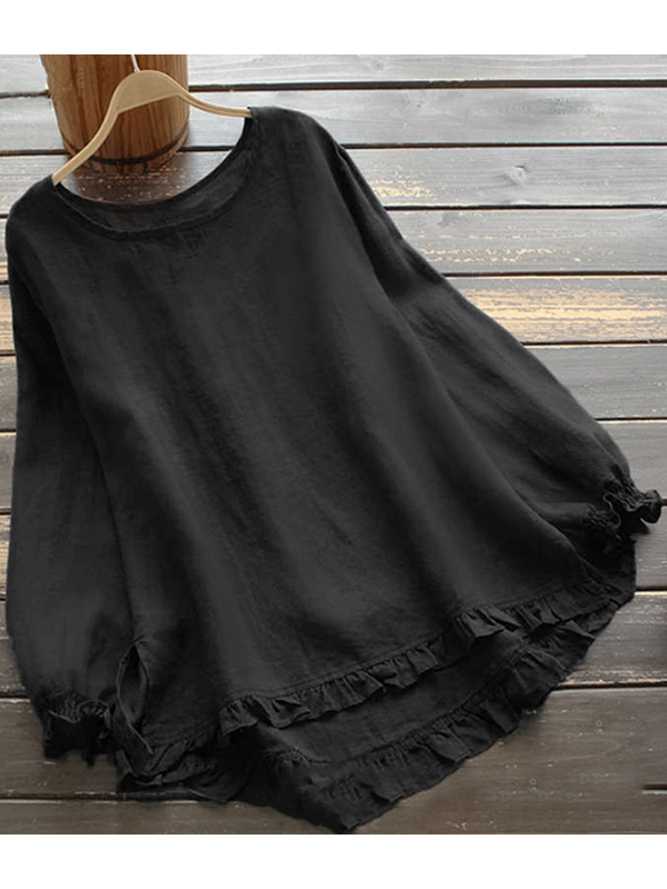 TS | O-Neck Solid Long Sleeve Ruffle Linen Tops