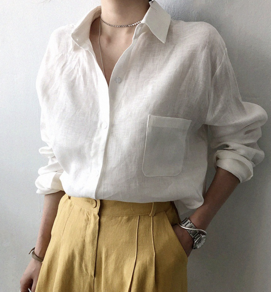 LM ladies cotton shirt spring loose plain shirt collar casual blouse
