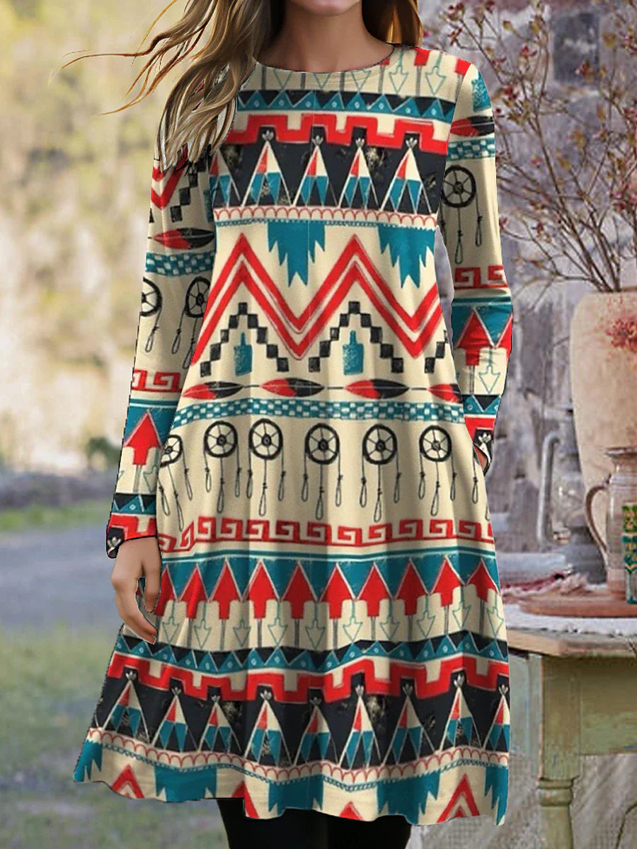 TS | Long-sleeved midi dress with boho print