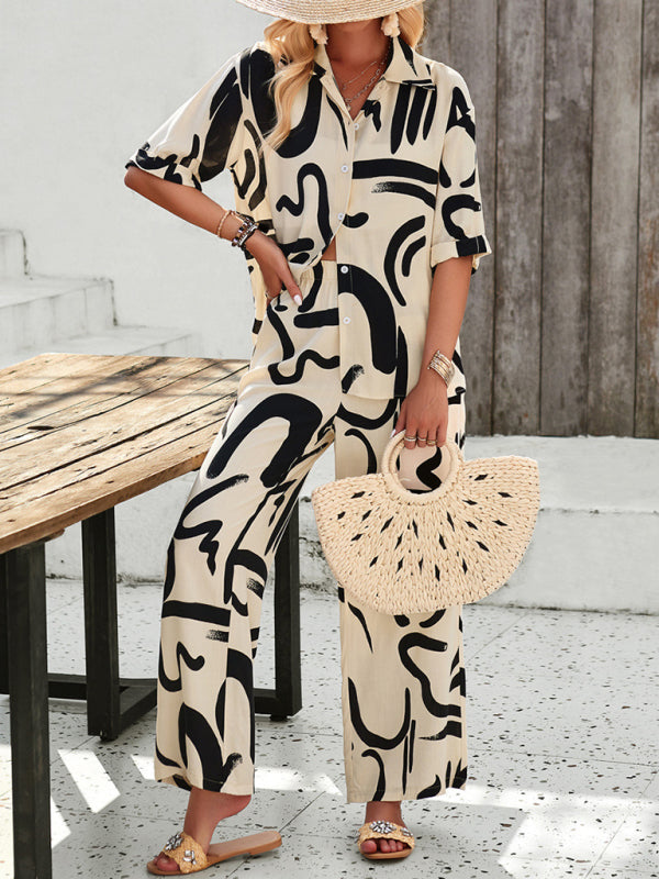 LD | Nieuwe vrouwen casual mode gedrukte revers korte mouwen shirt en broek vakantie pak