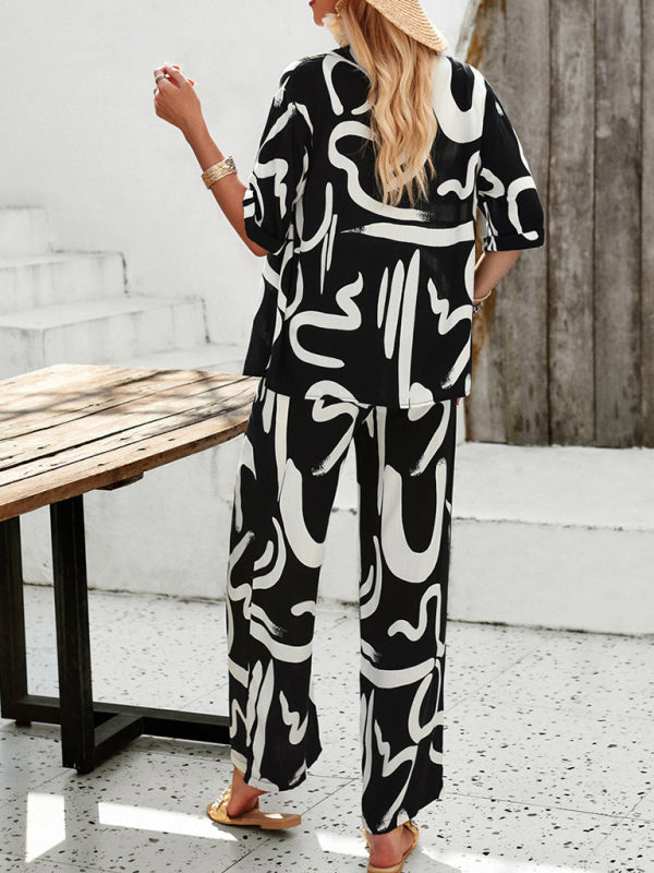 LD | Nieuwe vrouwen casual mode gedrukte revers korte mouwen shirt en broek vakantie pak