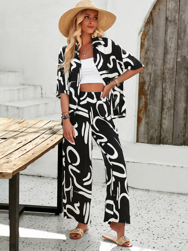LD | Nieuwe vrouwen casual mode gedrukte revers korte mouwen shirt en broek vakantie pak