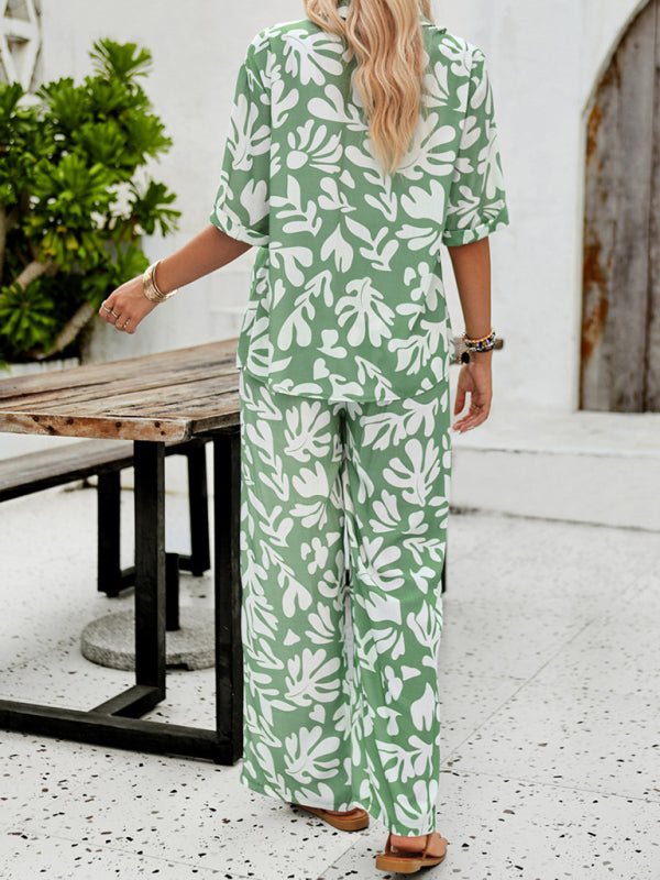 LD | Nieuwe vrouwen casual mode gedrukte revers korte mouwen shirt en broek vakantie pak