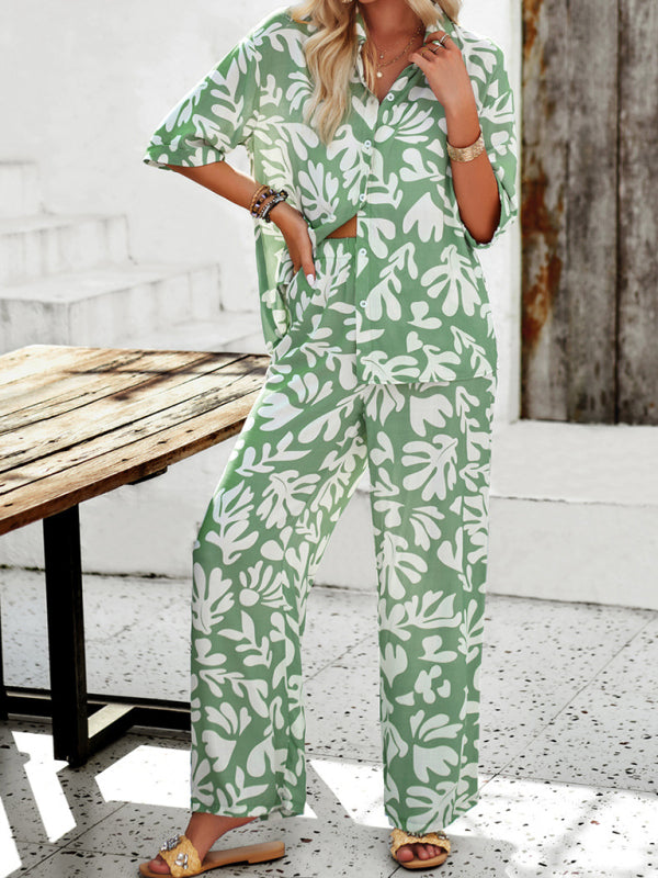 LD | Nieuwe vrouwen casual mode gedrukte revers korte mouwen shirt en broek vakantie pak