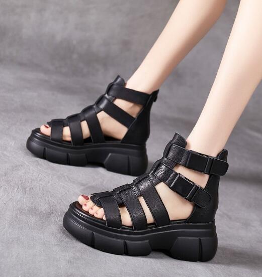 LD | Handgemaakte lederen retro casual enkellaarsjes sandalen