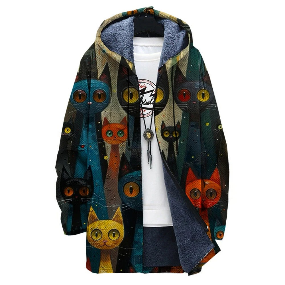 LM | Fleece-lined hooded jacket with artistic cat print