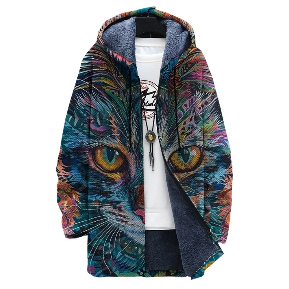 LM | Fleece-lined hooded jacket with artistic cat print
