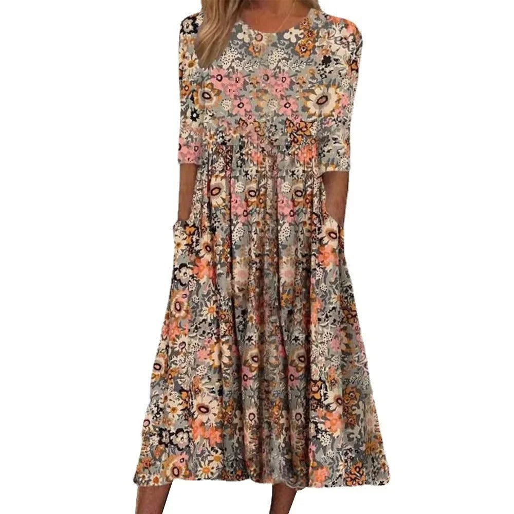 LM | Casual sleeveless midi dress with a round neckline and print
