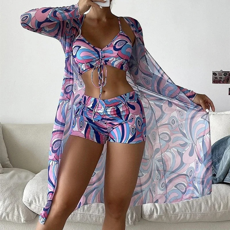 LM | Swimsuit with swirl pattern and overlay