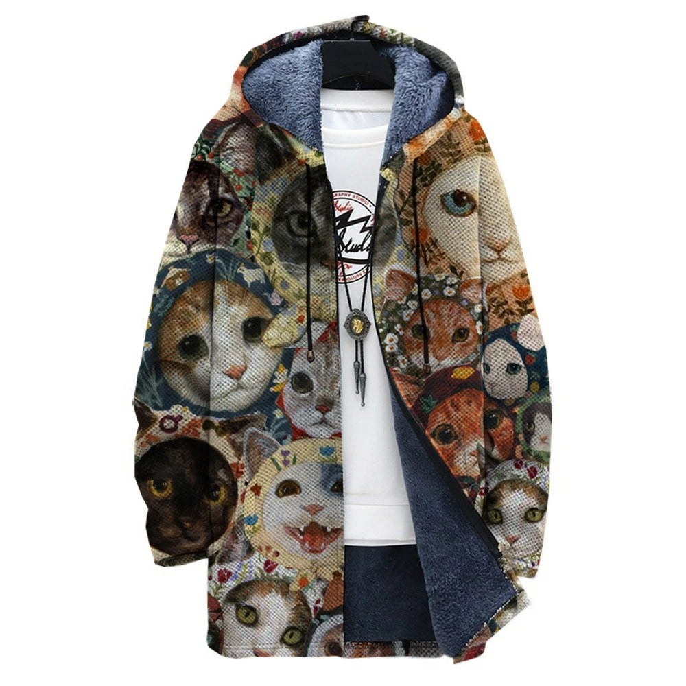 LM | Fleece-lined hooded jacket with artistic cat print