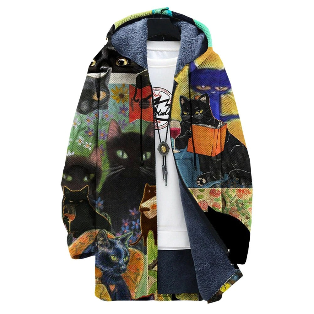 LM | Fleece-lined hooded jacket with artistic cat print
