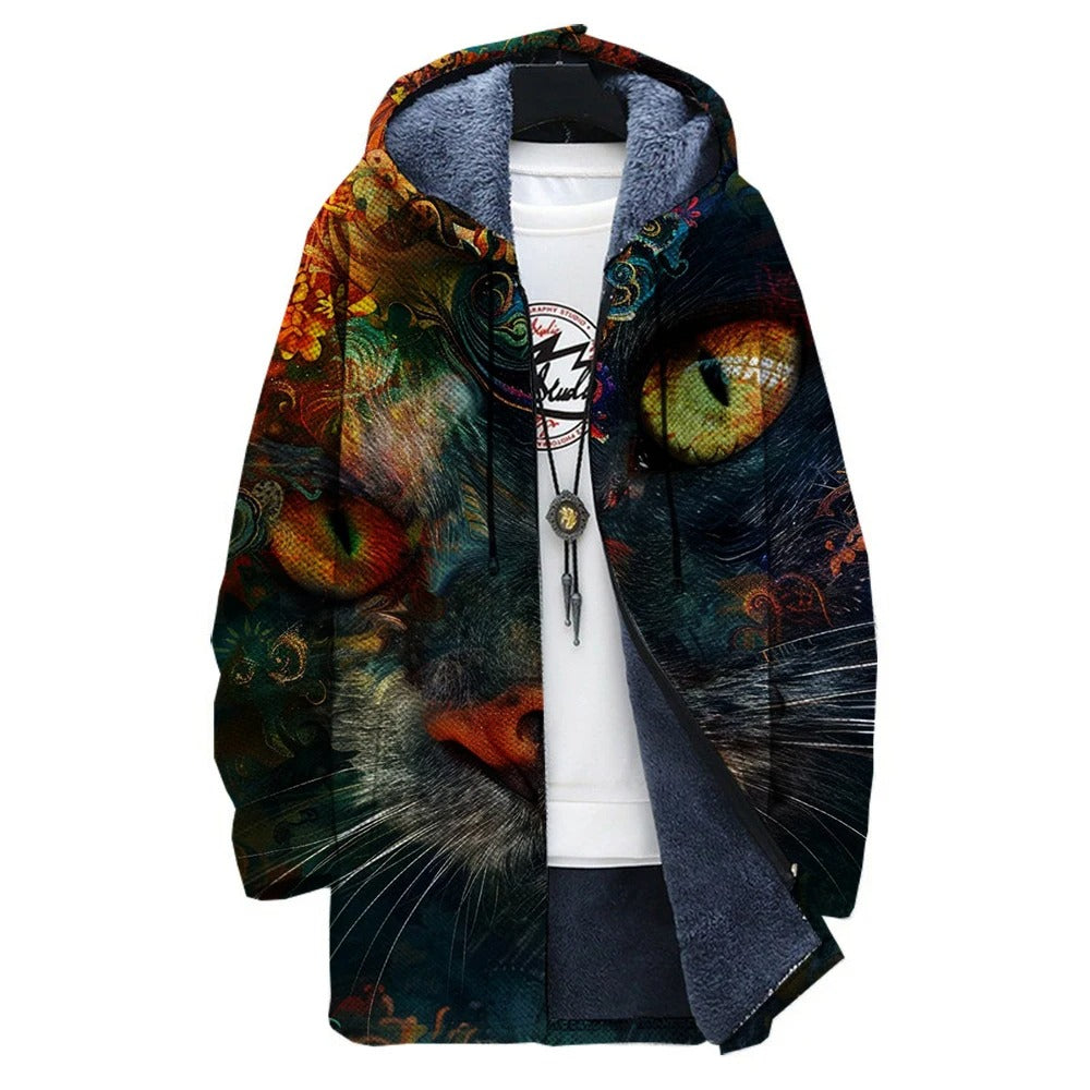 LM | Fleece-lined hooded jacket with artistic cat print
