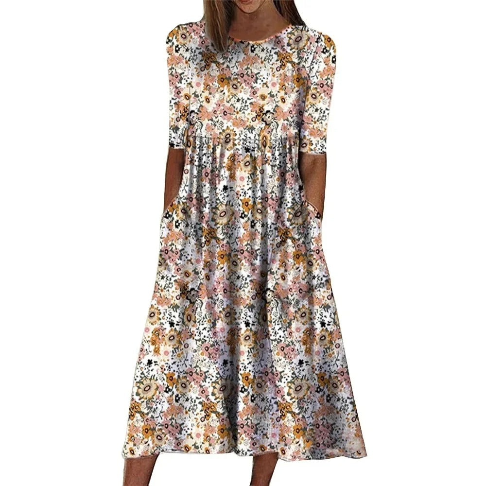 LM | Casual sleeveless midi dress with a round neckline and print