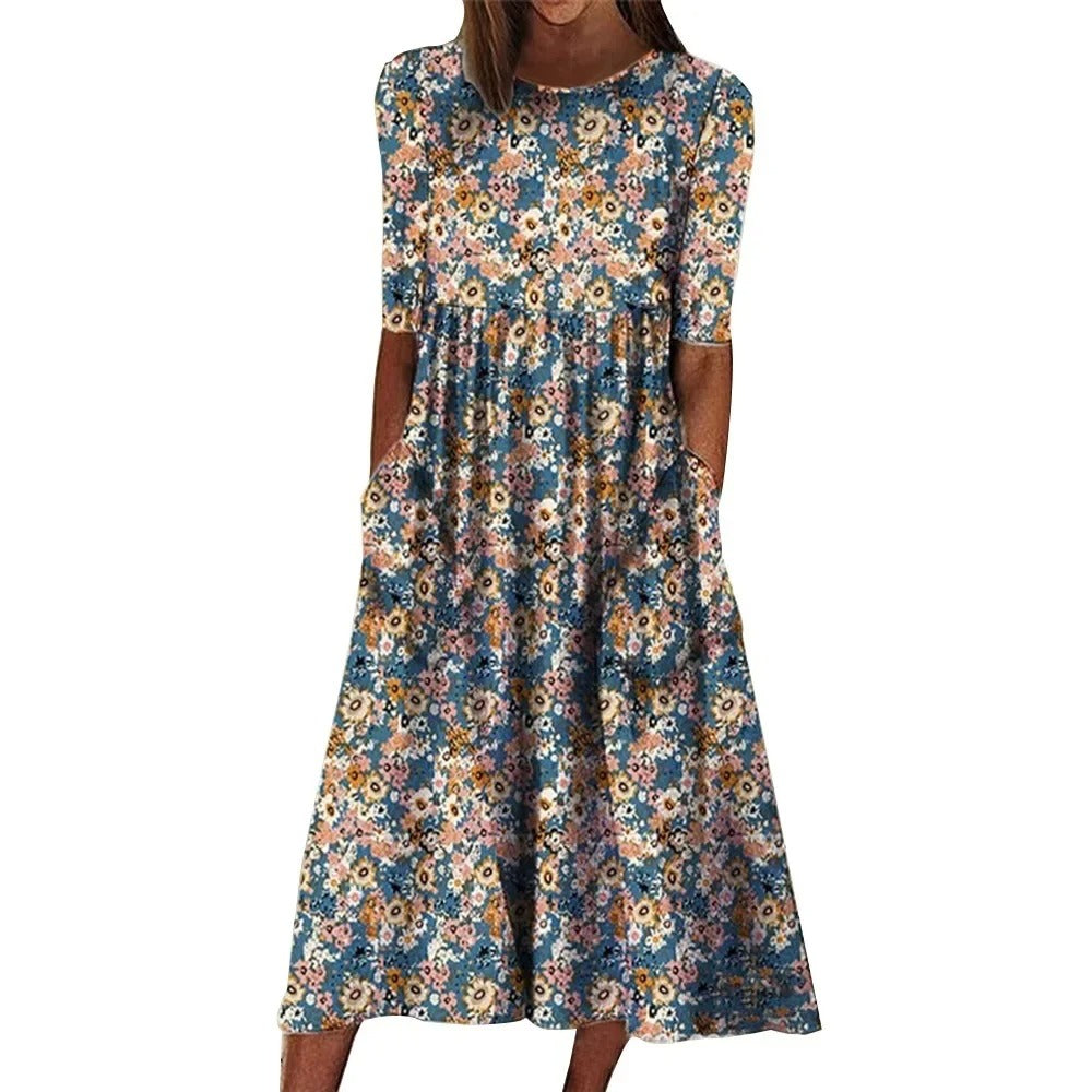 LM | Casual sleeveless midi dress with a round neckline and print