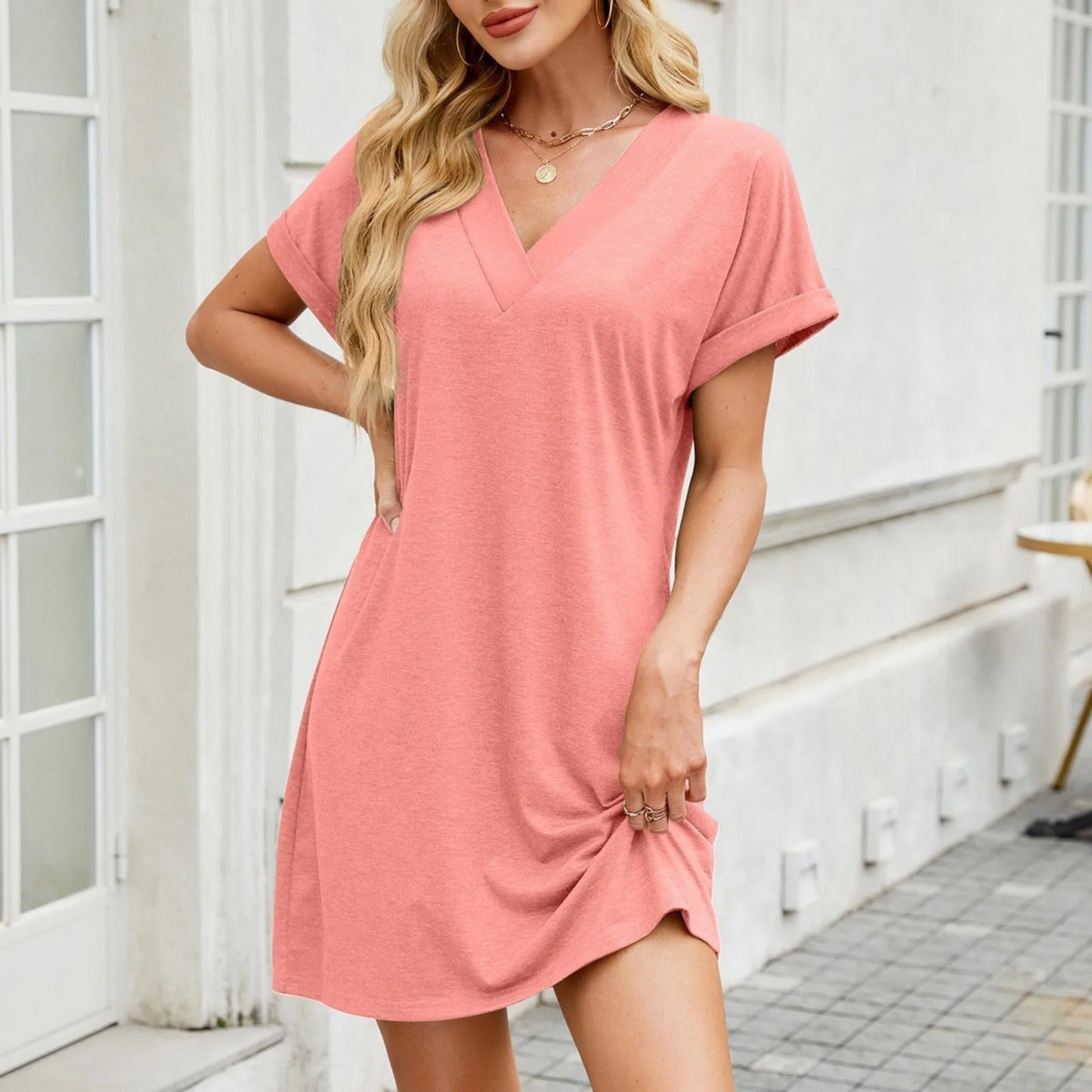 LM | Elegant pleated summer mini dress with V-neckline