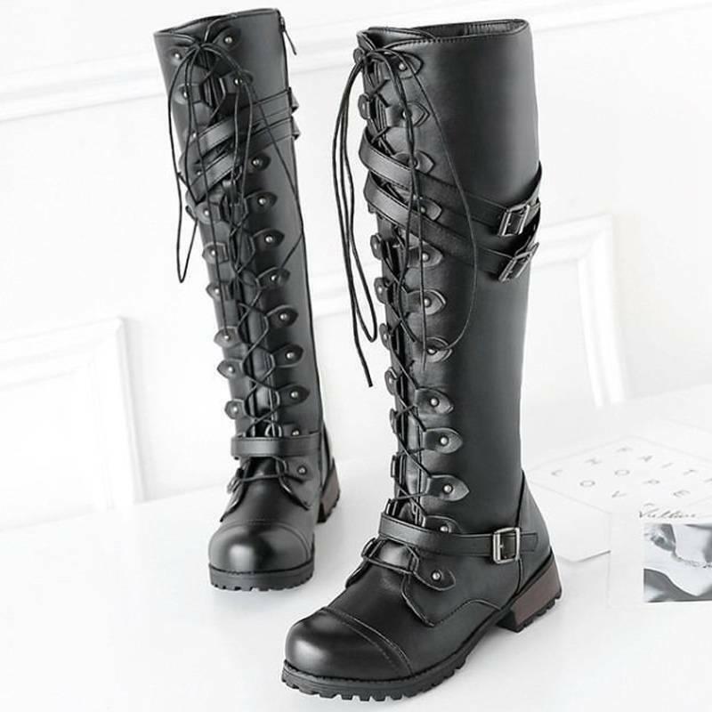 LM | Women's boots in Roman style with lacing up to the knee and platform soles