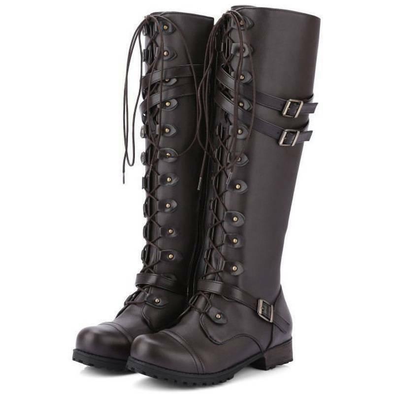 LM | Women's boots in Roman style with lacing up to the knee and platform soles