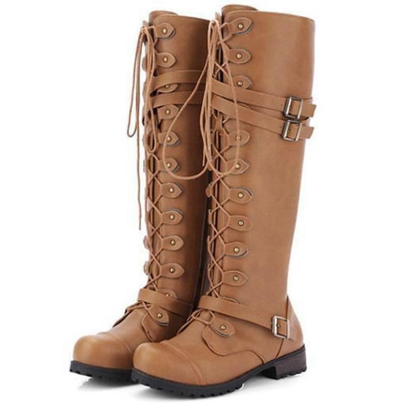 LM | Women's boots in Roman style with lacing up to the knee and platform soles
