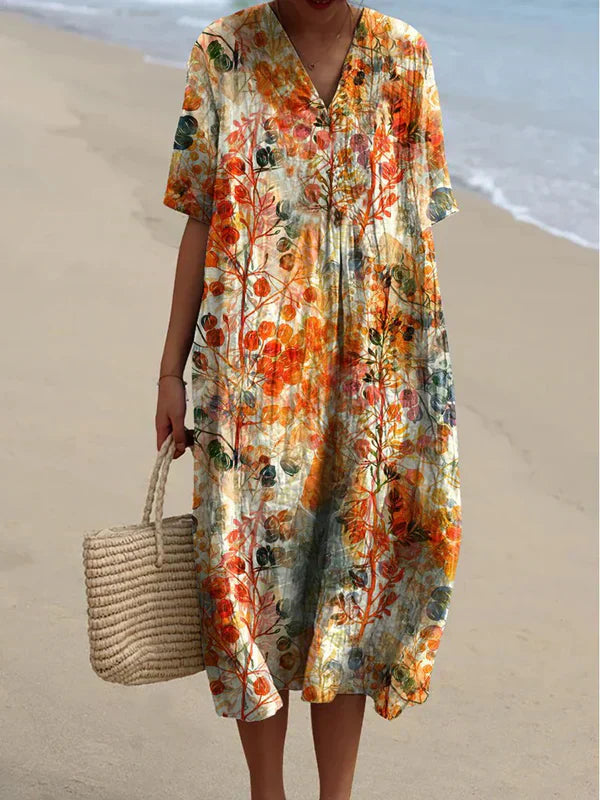 TS | retro floral print V-neck elegant chic loose mid-length dress with short sleeves