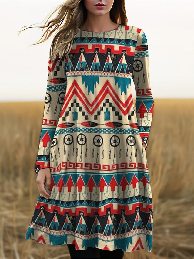 TS | Long-sleeved midi dress with boho print