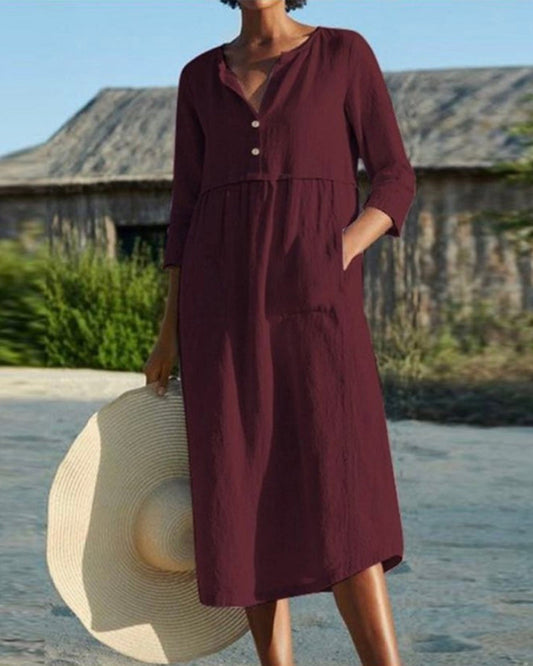 LM | Chic summer midi dress made of airy cotton fabric with an elegant button placket