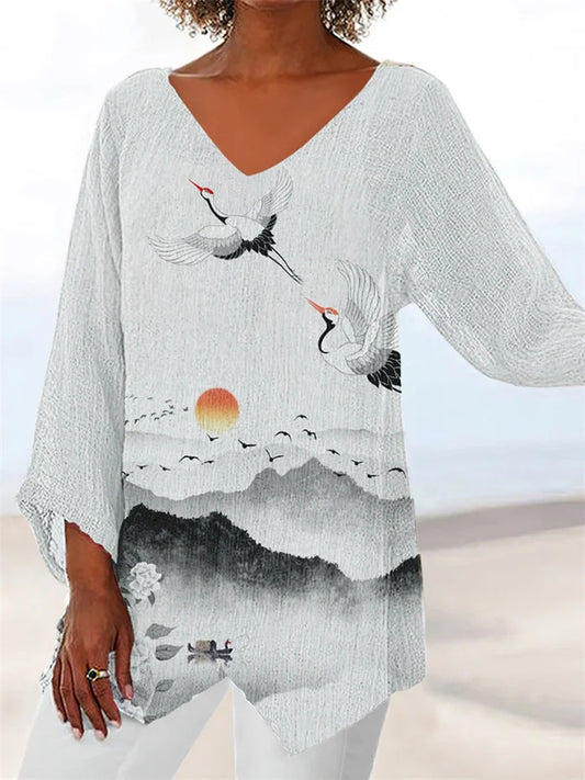 LD | Bedrukte, losse blouse met V-hals