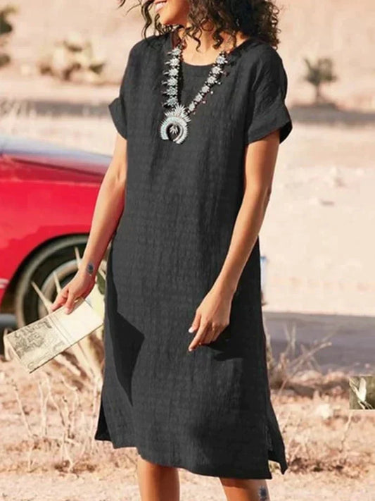 LM | Summery midi dress with a round neckline and short sleeves