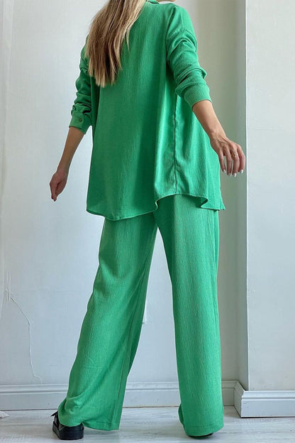 LD Casual Solid Draw String Fold Turndown Collar Lange Mouw Driedelig (Shirt Vest Broek)