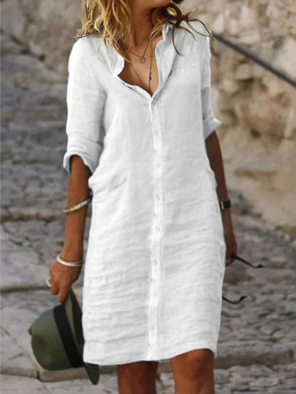 TS | Miriam - Plain cotton dresses with lapels and buttons and half sleeves