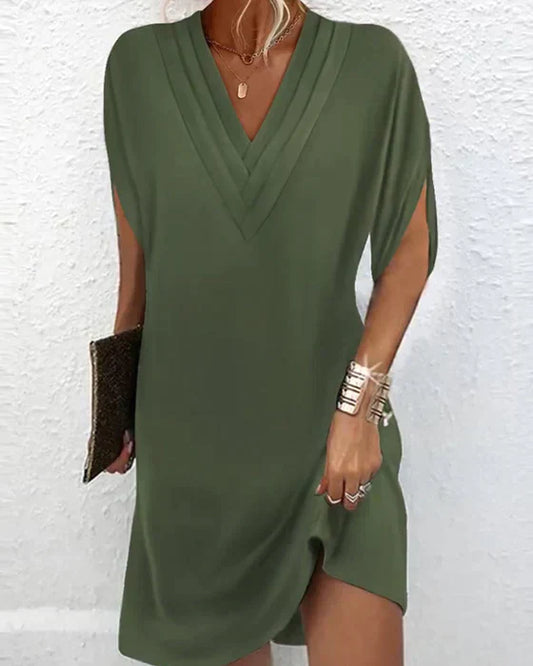 TS | Elegant pleated summer mini dress with V-neckline