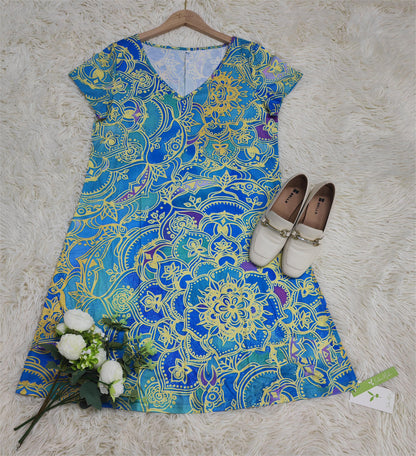 TS | Ocean blue knee-length mini dress with mandala print and short sleeves