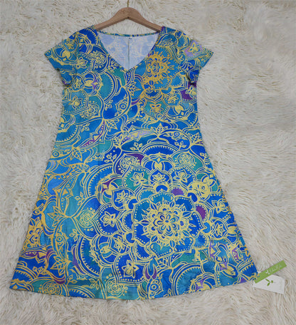 TS | Ocean blue knee-length mini dress with mandala print and short sleeves