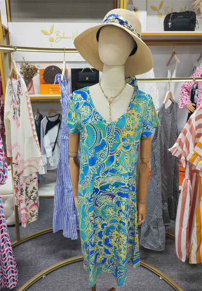 TS | Ocean blue knee-length mini dress with mandala print and short sleeves