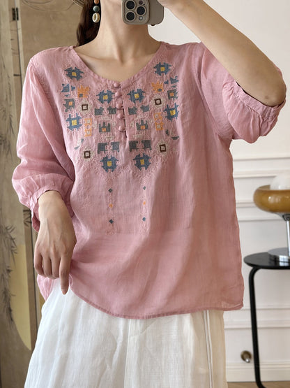 LM | Ladies Summer Ethnic Embroidery Ramie Shirt