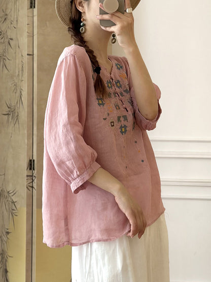 LM | Ladies Summer Ethnic Embroidery Ramie Shirt