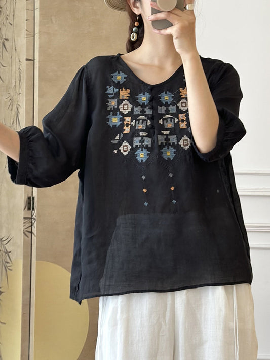 LM | Ladies Summer Ethnic Embroidery Ramie Shirt