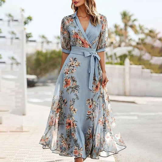 TS | Blue midi dress with short sleeves and a pointed neckline