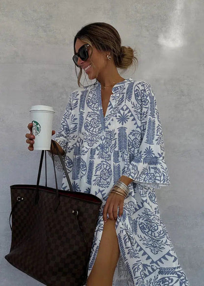 LM | Blue mini dress with V-neck and 3/4 sleeves